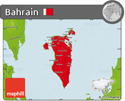 Flag Map of Bahrain, physical outside, flag centered