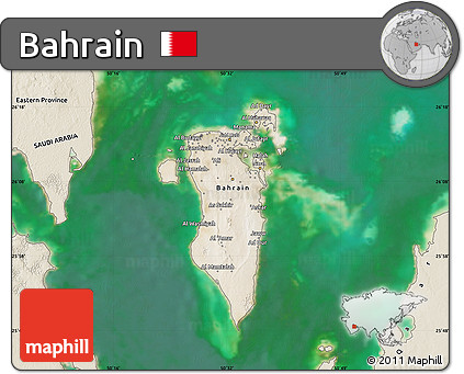 Satellite Map of Bahrain, shaded relief outside, satellite sea