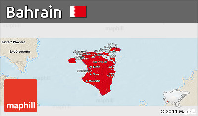 Flag Panoramic Map of Bahrain, shaded relief outside, flag centered