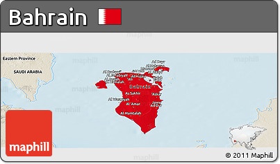 Flag Panoramic Map of Bahrain, shaded relief outside, flag centered