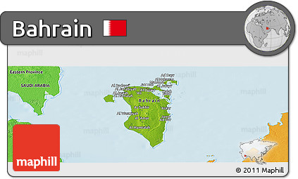 Physical Panoramic Map of Bahrain, political shades outside, shaded relief sea