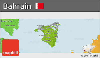Physical Panoramic Map of Bahrain, political shades outside, shaded relief sea