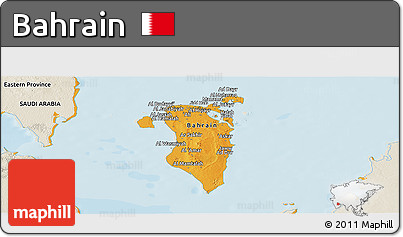 Political Panoramic Map of Bahrain, shaded relief outside, bathymetry sea
