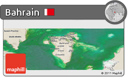 Satellite Panoramic Map of Bahrain, shaded relief outside, satellite sea