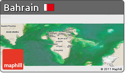Satellite Panoramic Map of Bahrain, shaded relief outside, satellite sea