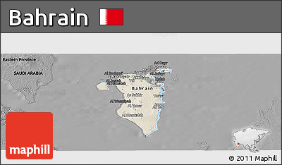 Shaded Relief Panoramic Map of Bahrain, darken, desaturated