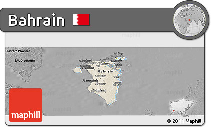 Shaded Relief Panoramic Map of Bahrain, darken, desaturated