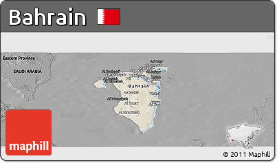 Shaded Relief Panoramic Map of Bahrain, darken, desaturated