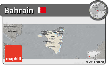 Shaded Relief Panoramic Map of Bahrain, darken, semi-desaturated