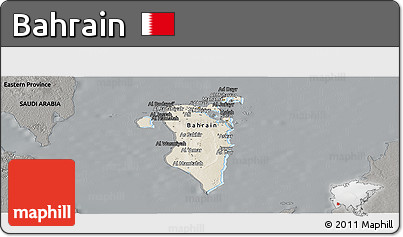 Shaded Relief Panoramic Map of Bahrain, darken, semi-desaturated