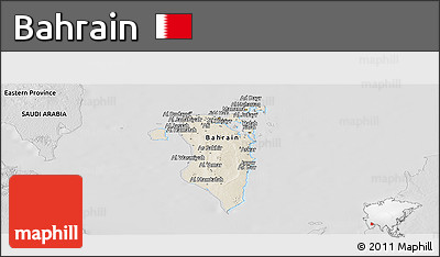 Shaded Relief Panoramic Map of Bahrain, desaturated