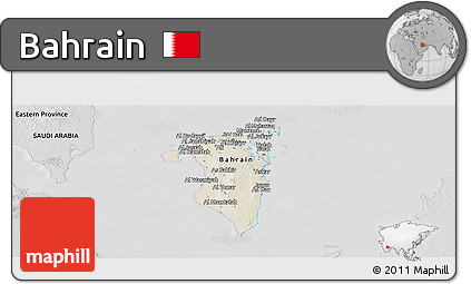Shaded Relief Panoramic Map of Bahrain, desaturated