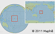 Savanna Style Location Map of Baker Island, within the entire continent, hill shading