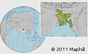 Satellite Location Map of Bangladesh, gray outside, hill shading