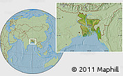 Satellite Location Map of Bangladesh, savanna style outside, hill shading