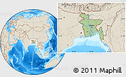 Savanna Style Location Map of Bangladesh, shaded relief outside