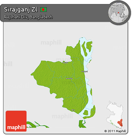 Physical 3D Map of Sirajganj Zl, single color outside