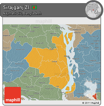 Political 3D Map of Sirajganj Zl, semi-desaturated