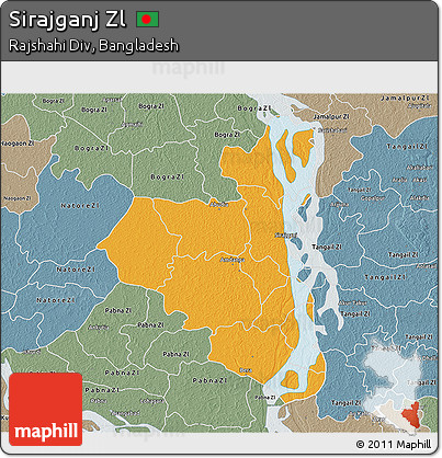 Political 3D Map of Sirajganj Zl, semi-desaturated