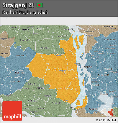 Political 3D Map of Sirajganj Zl, semi-desaturated