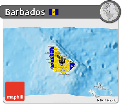 Flag 3D Map of Barbados, physical outside, bathymetry sea, flag centered