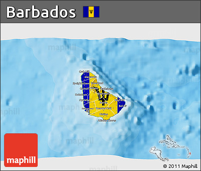 Flag 3D Map of Barbados, physical outside, bathymetry sea, flag centered