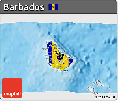 Flag 3D Map of Barbados, physical outside, bathymetry sea, flag centered