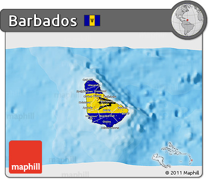 Flag 3D Map of Barbados, satellite outside, bathymetry sea, flag aligned to the middle