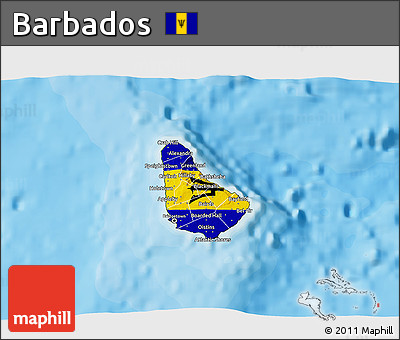 Flag 3D Map of Barbados, satellite outside, bathymetry sea, flag aligned to the middle