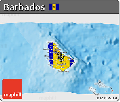 Flag 3D Map of Barbados, shaded relief outside, bathymetry sea, flag centered
