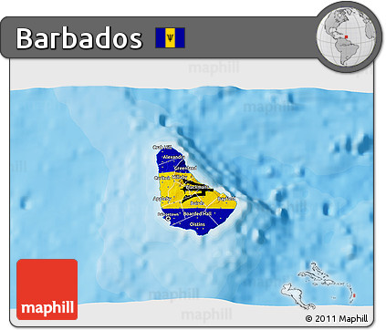 Flag 3D Map of Barbados, single color outside, bathymetry sea, shaded relief sea, flag aligned to the middle