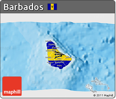 Flag 3D Map of Barbados, single color outside, bathymetry sea, shaded relief sea, flag aligned to the middle