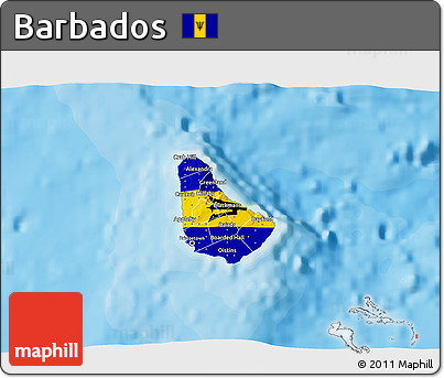 Flag 3D Map of Barbados, single color outside, bathymetry sea, shaded relief sea, flag rotated