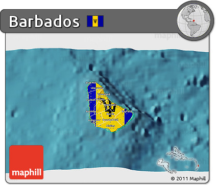 Flag 3D Map of Barbados, single color outside, satellite sea, flag centered