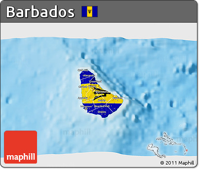 Flag 3D Map of Barbados, single color outside, shaded relief sea, flag aligned to the middle