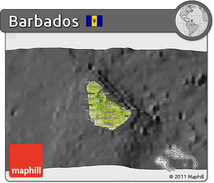 Satellite 3D Map of Barbados, darken, desaturated
