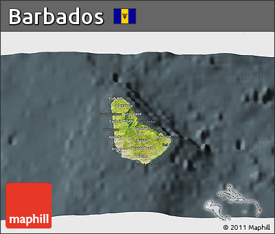 Satellite 3D Map of Barbados, darken, semi-desaturated