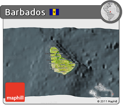 Satellite 3D Map of Barbados, darken, semi-desaturated