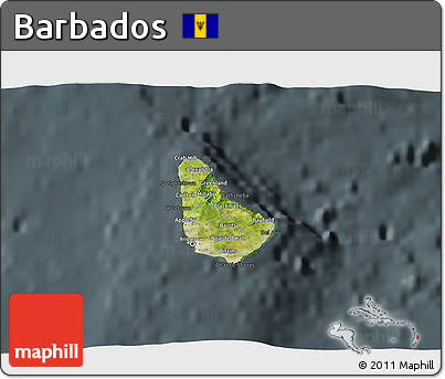 Satellite 3D Map of Barbados, darken, semi-desaturated