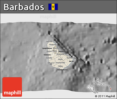 Shaded Relief 3D Map of Barbados, darken, desaturated