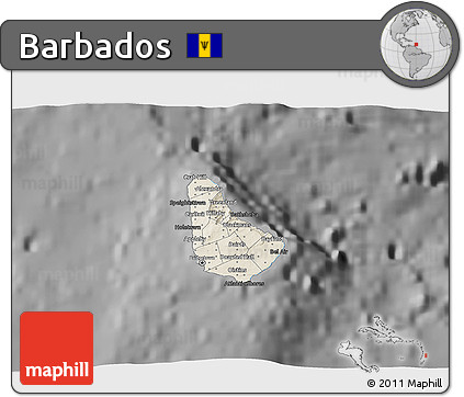 Shaded Relief 3D Map of Barbados, darken, desaturated
