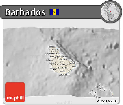Shaded Relief 3D Map of Barbados, desaturated