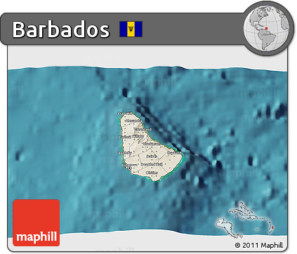 Shaded Relief 3D Map of Barbados, single color outside, satellite sea