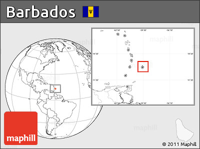 Gray Location Map of Barbados, blank outside, hill shading inside