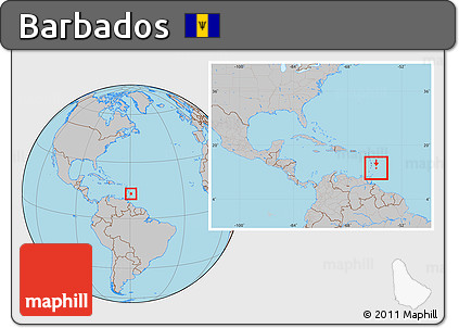 Gray Location Map of Barbados, within the entire continent