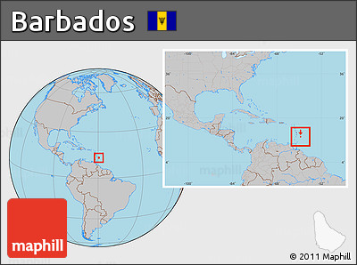 Gray Location Map of Barbados, within the entire continent