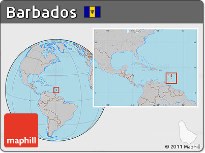 Gray Location Map of Barbados, within the entire continent
