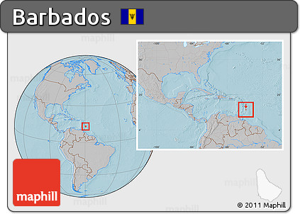 Gray Location Map of Barbados, within the entire continent, hill shading