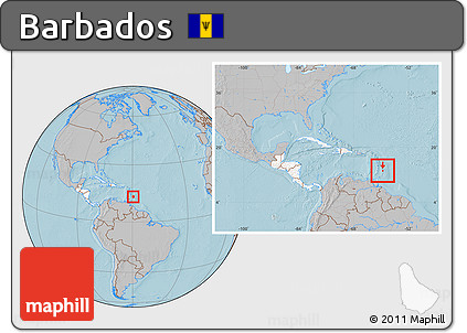 Gray Location Map of Barbados, highlighted continent, within the entire continent, hill shading