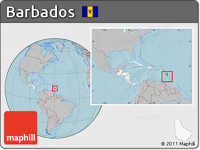 Gray Location Map of Barbados, highlighted continent, within the entire continent, hill shading